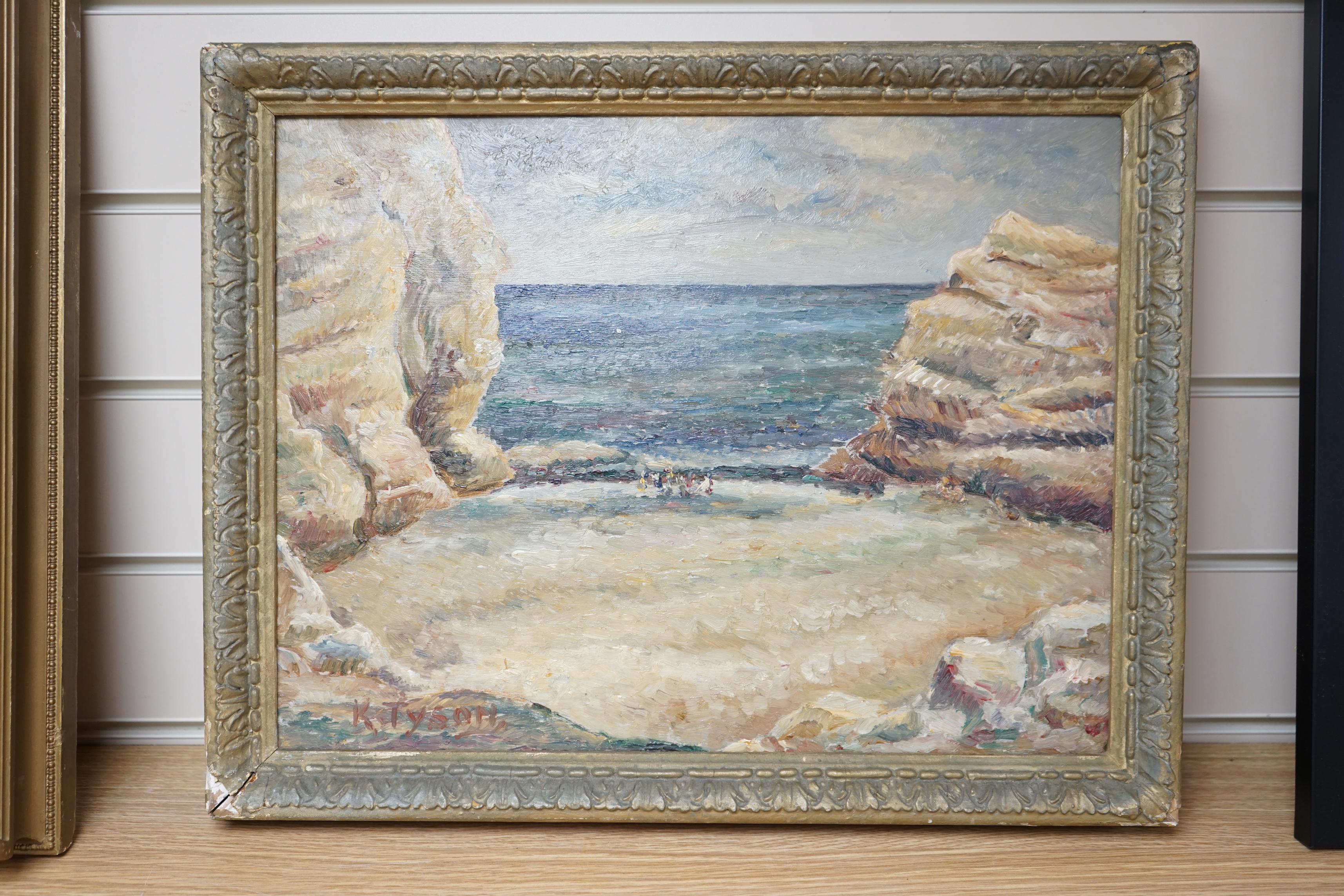Kathleen Tyson (1898-1982), oil on board, Beach scene with figures, signed, 32 x 42cm. Condition - fair to good